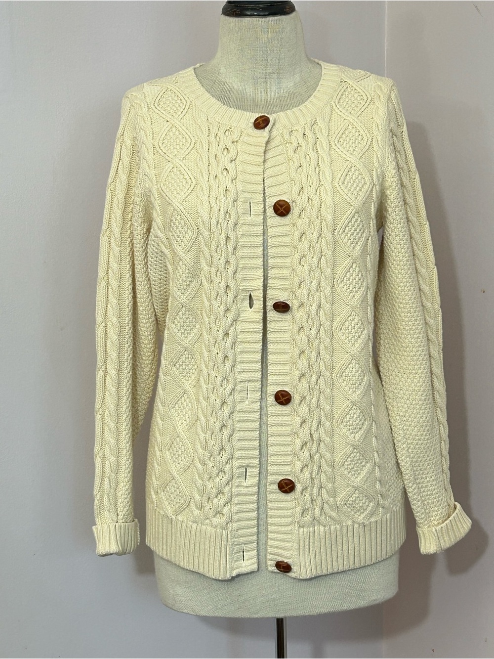 L.L.Bean Womens L Cable Knit Cardigan 100% Cotton Fisherman Sweater